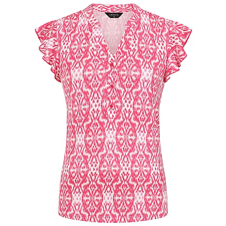 Emreco Stylish Ikat Print Inspired V-Neck Flutter Sleeve Top ( Size - 20 ) - Pink
