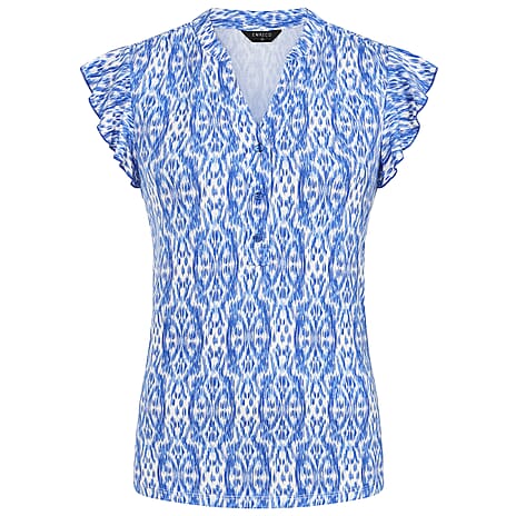 Emreco Ikat Print V-Neck Sleeveless Frill Top (Size 18) - Geo Tile