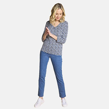 Emreco Casual 3-4 Sleeve V-Neck Animal Print Top (Size 10) - Blue White & Black