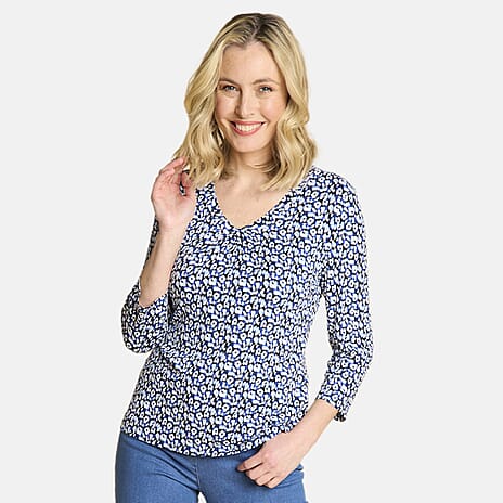 Emreco Casual 3-4 Sleeve V-Neck Animal Print Top (Size 18) -  Blue, White & Black