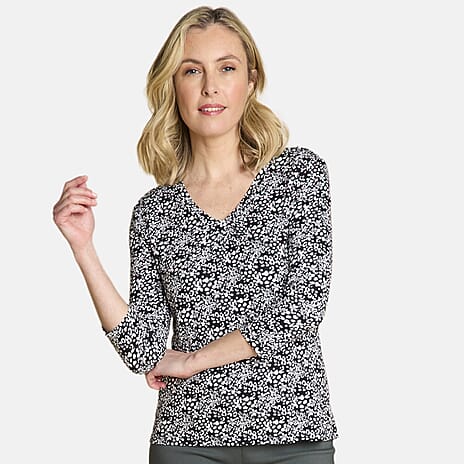 Emreco Casual 3-4 Sleeve V-Neck Printed Top (Size 10) - Black