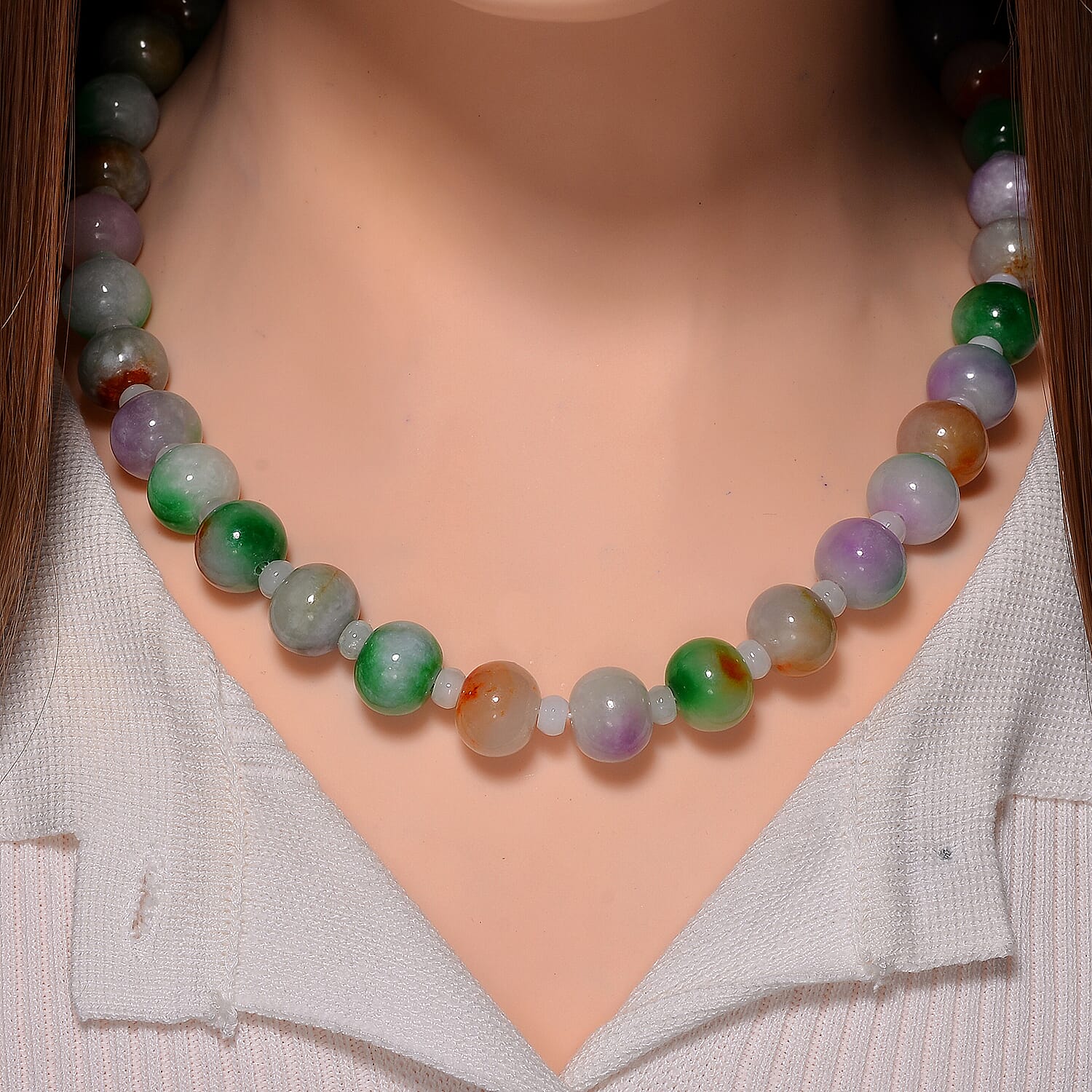 Very Rare - Bi Colour Jadeite Jade Necklace (Size - 20) in Yellow Gold Plated Sterling Silver 630.0 Ct.