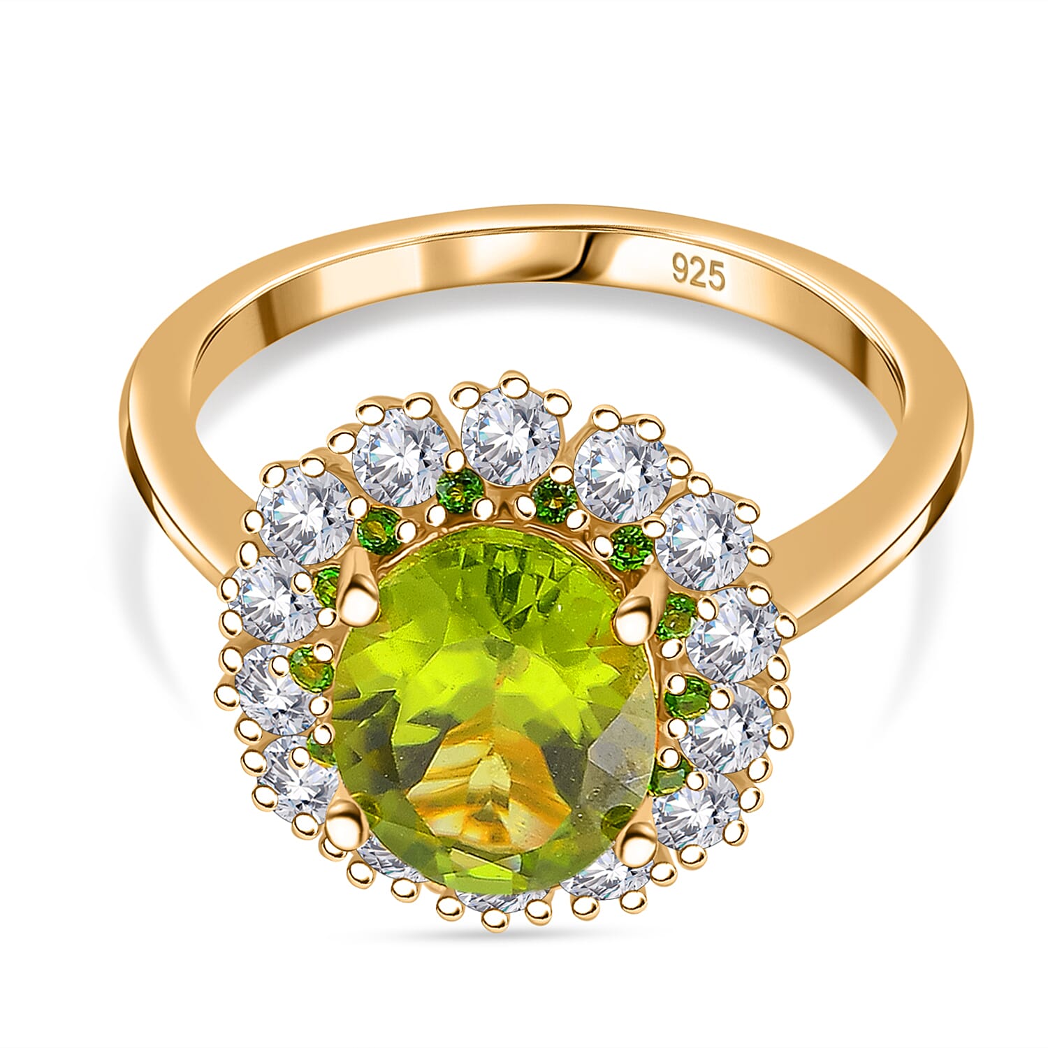 Peridot, Natural Chrome Diopside & White Zircon Halo Ring in 18K Vermeil Yellow Gold Plated Sterling Silver 4.65 Ct