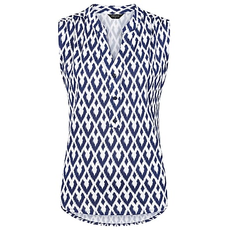 Emreco Geometric Print Mandarin Collar Sleeveless Blouse (Size 12) - White