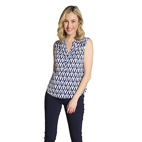 Emreco Geometric Print Mandarin Collar Sleeveless Blouse (Size 20) - White