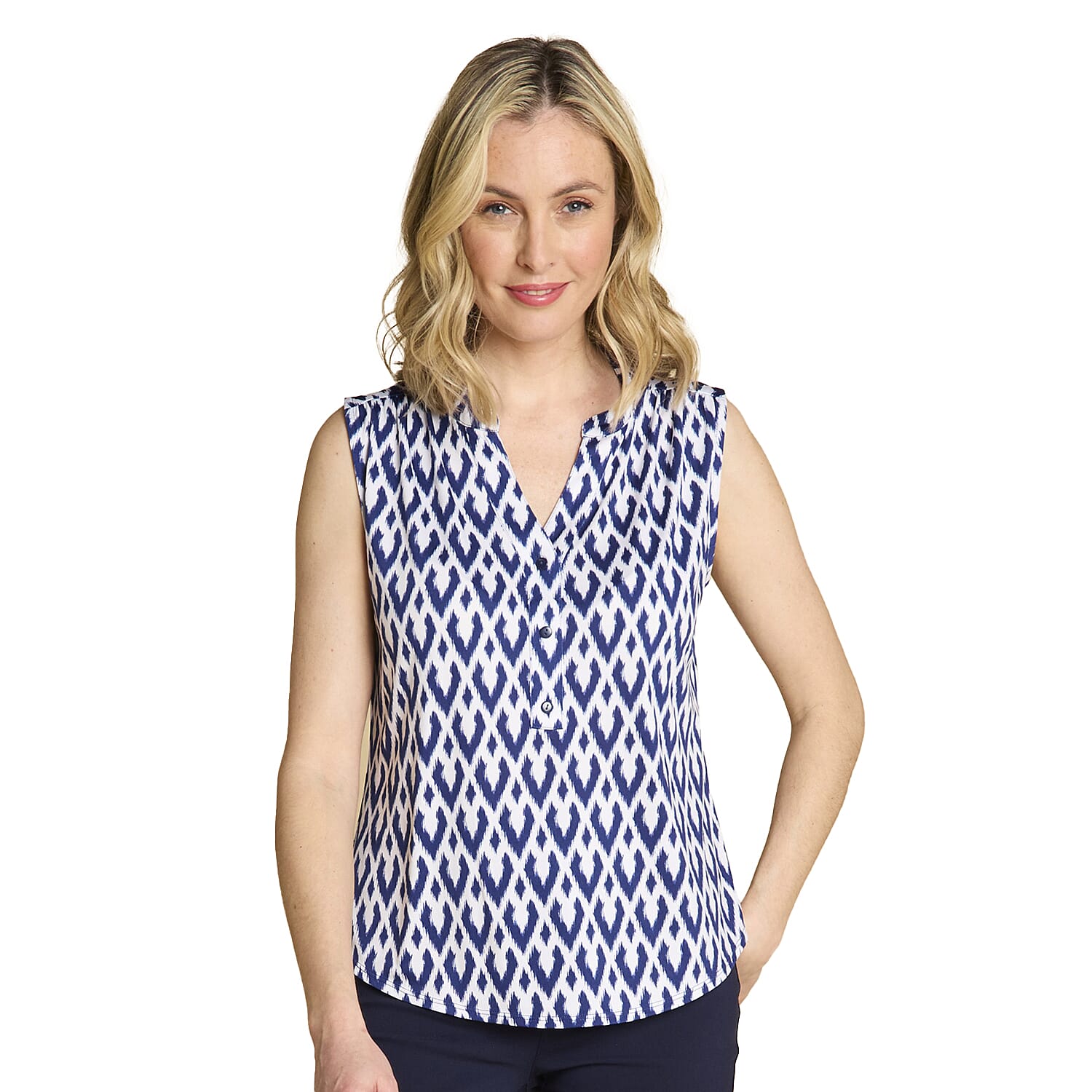 Emreco Geometric Print Mandarin Collar Sleeveless Blouse (Size 20) - White
