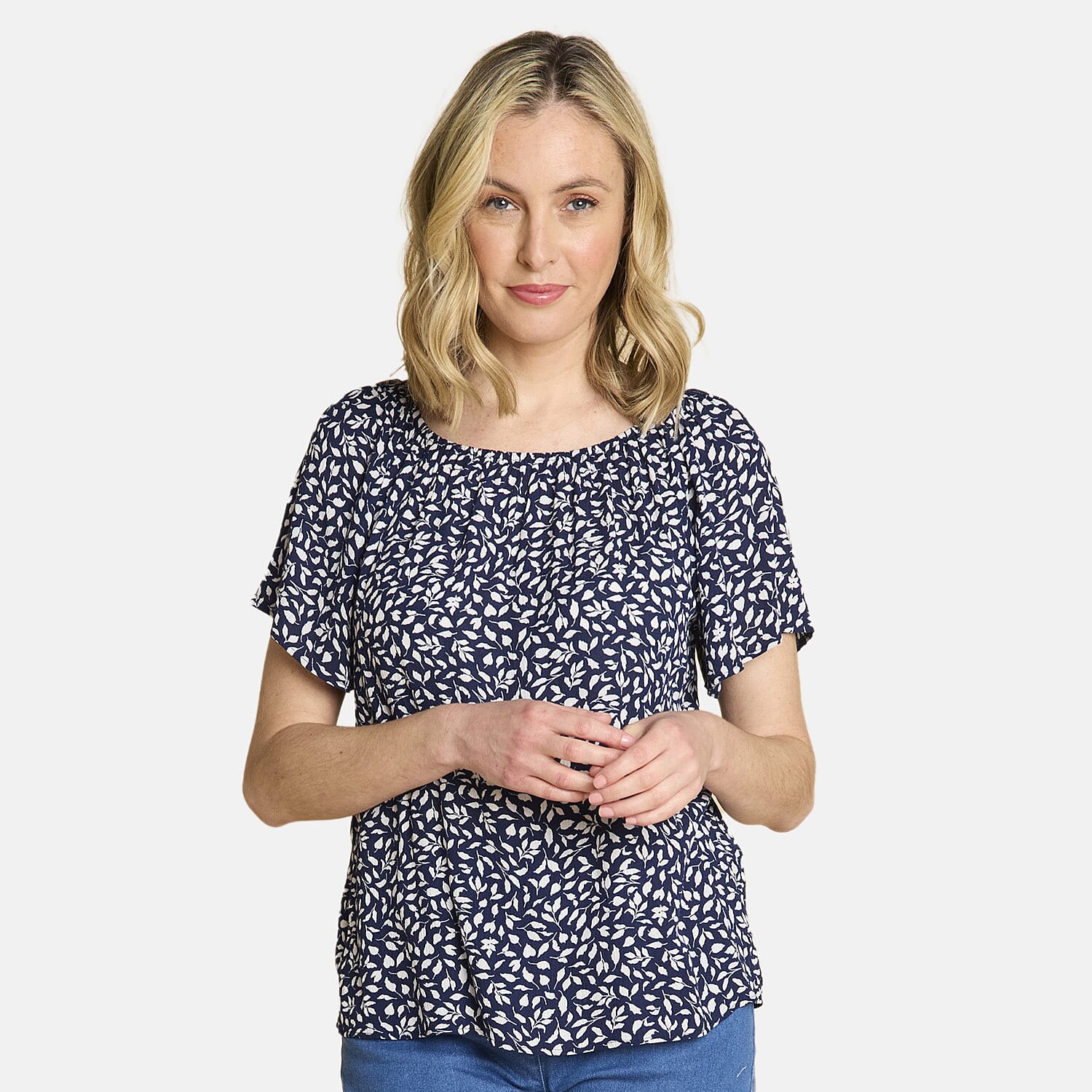 Emreco Casual Leaf Print Top - Short Sleeve and Versatile Off-Shoulder Style