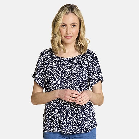 Emreco Casual Leaf Print Top - Short Sleeve & Versatile Off-Shoulder Style (Size 10) - Navy