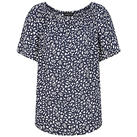 Emreco Casual Leaf Print Top - Short Sleeve & Versatile Off-Shoulder Style (Size 10) - Navy