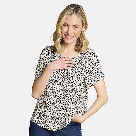 Emreco Short Sleeve Ivory Leaf Print Off-Shoulder Top (Size 10)