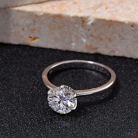 GRA Certified D-VVS1 Moissanite Solitaire Ring in Rhodium Overlay Sterling Silver 2.00 Ct.