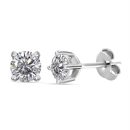 Moissanite GRA Certified Solitaire Stud Push Post Earring With Push Back in Rhodium Overlay Sterling Silver 0.92 Ct.