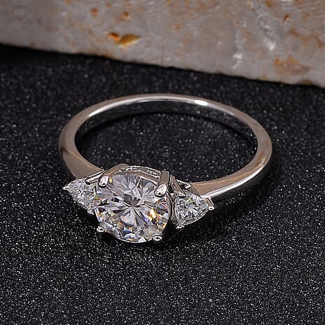 GRA Certified D-VVS1 Moissanite Ring in Rhodium Overlay Sterling Silver 2.07 Ct.