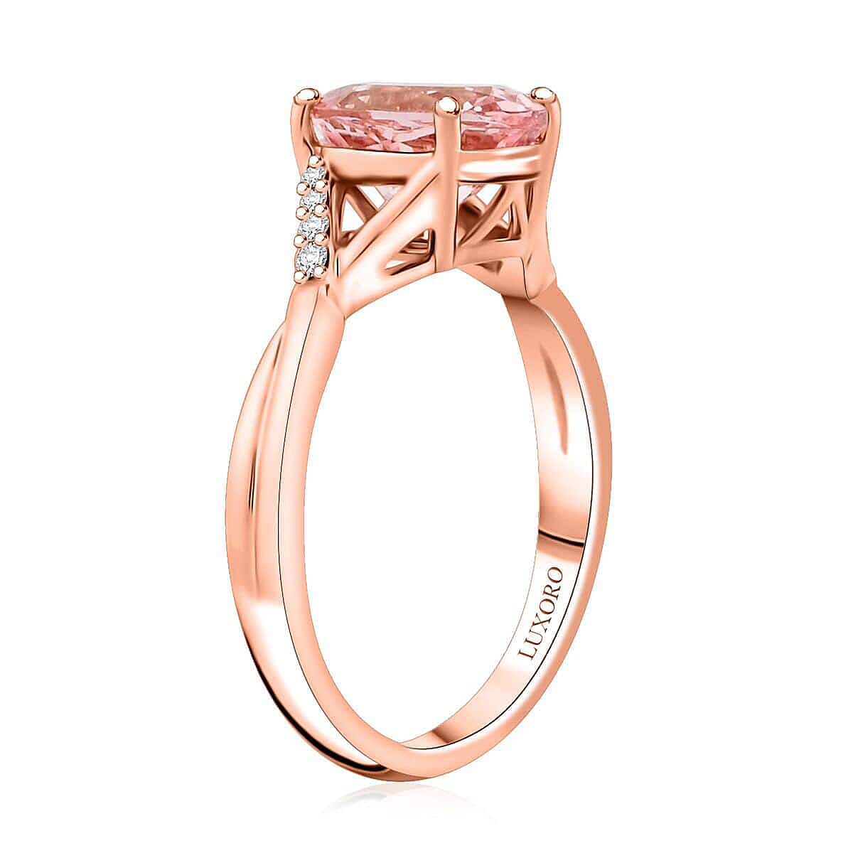 Luxoro  10K Rose Gold  AAA   Pink Morganite ,  White Diamond  I2 Ring 3.50 ct,  Gold Wt. 3.67 Gms  3.500  Ct.