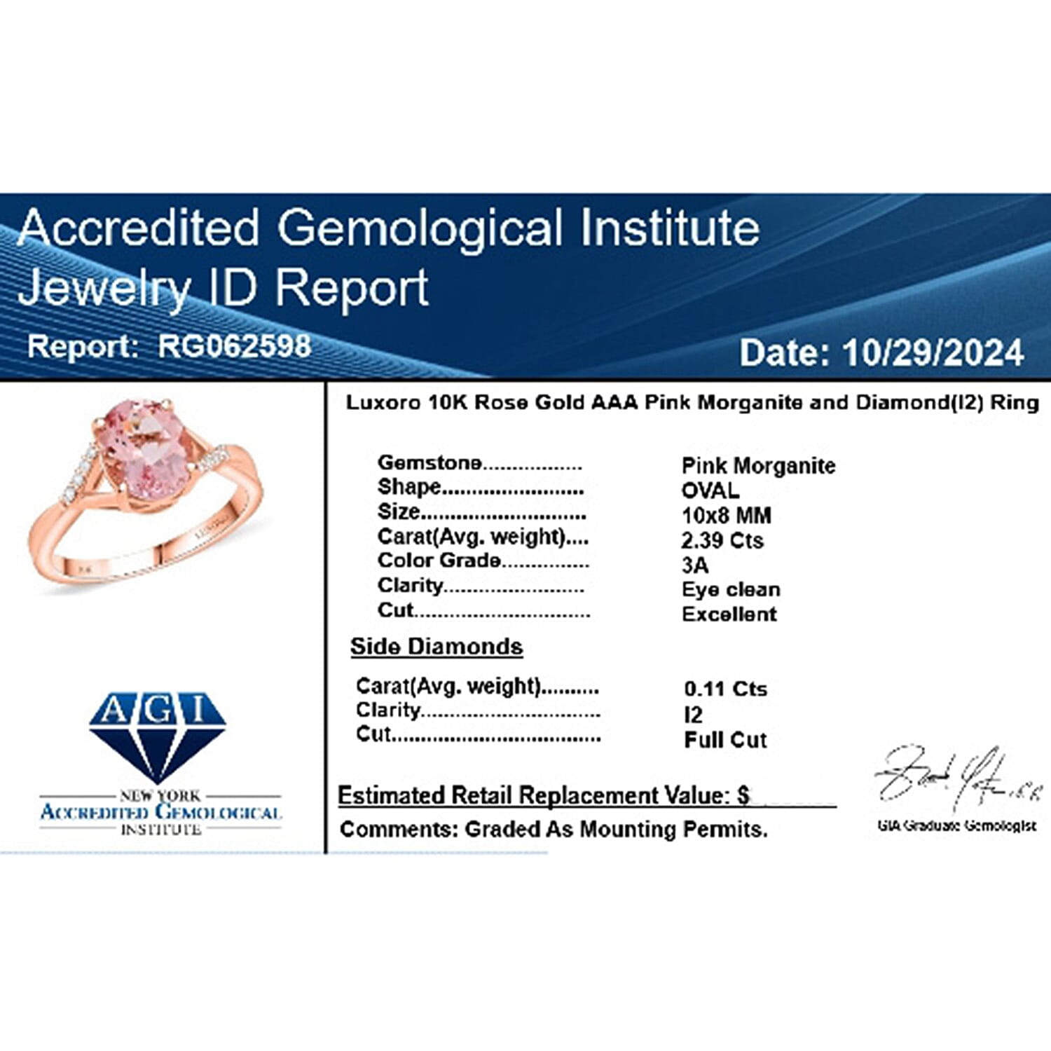 Luxoro  10K Rose Gold  AAA   Pink Morganite ,  White Diamond  I2 Ring 3.50 ct,  Gold Wt. 3.67 Gms  3.500  Ct.