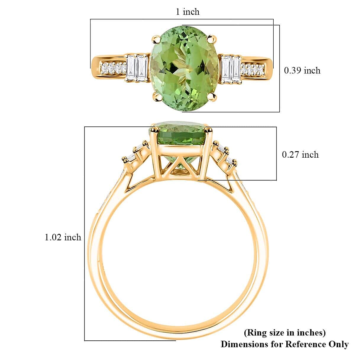 Luxoro  10K Yellow Gold  AAA   Green Tourmaline ,  White Diamond  I2 Ring 3.10 ct,  Gold Wt. 3.87 Gms  3.100  Ct.