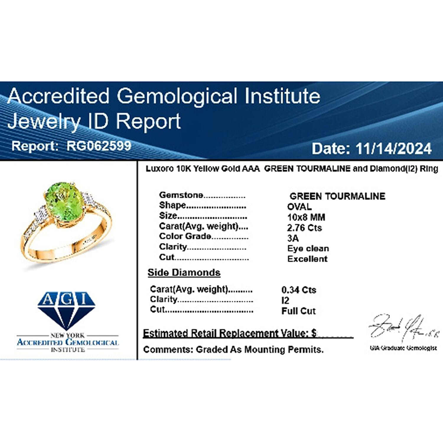 Luxoro  10K Yellow Gold  AAA   Green Tourmaline ,  White Diamond  I2 Ring 3.10 ct,  Gold Wt. 3.87 Gms  3.100  Ct.