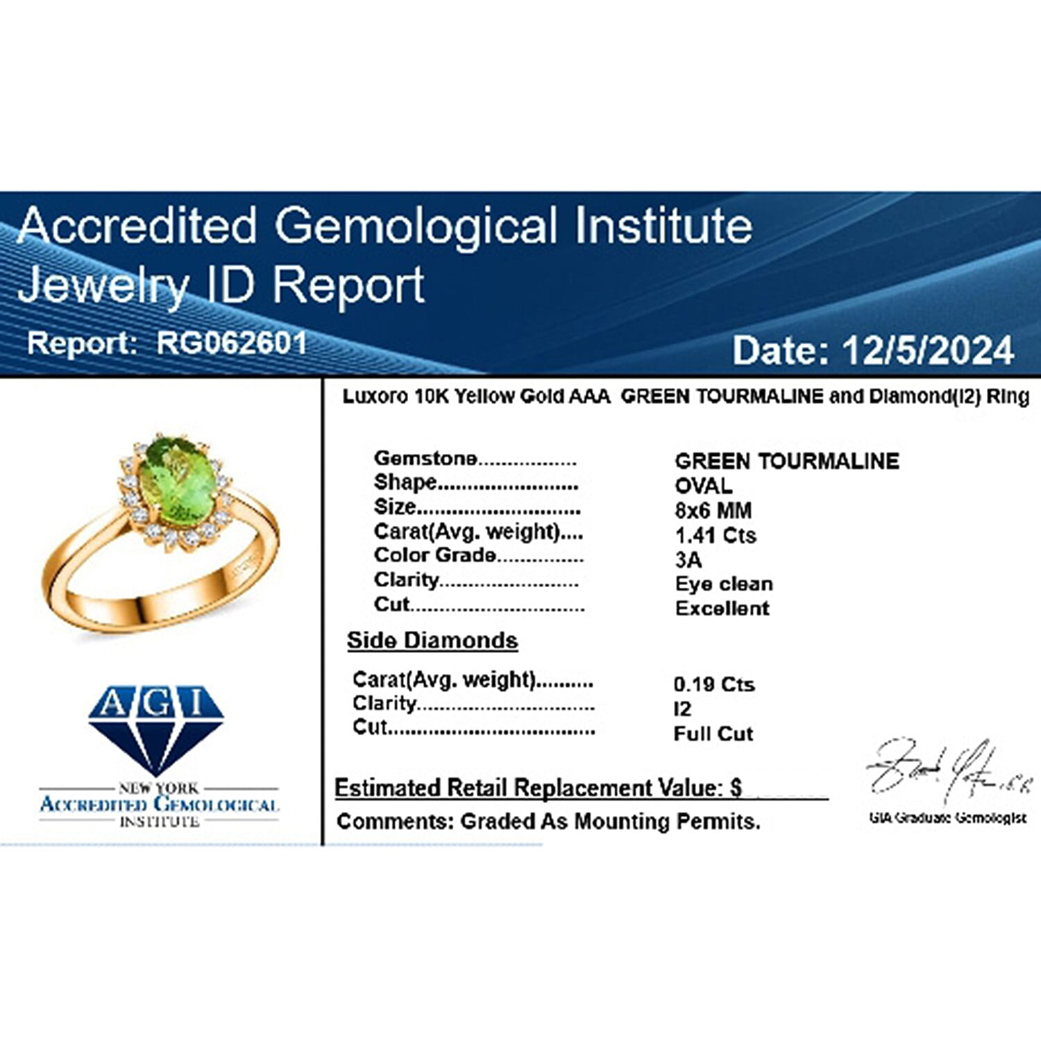 Luxoro  10K Yellow Gold  AAA   Green Tourmaline ,  White Diamond  I2 Ring 1.60 ct,  Gold Wt. 3.94 Gms  1.600  Ct.