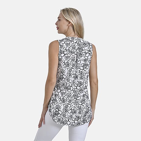 - Maisi Rose Pattern Sleeveless Relax Fit Blouse (Size - M) - White - Black
