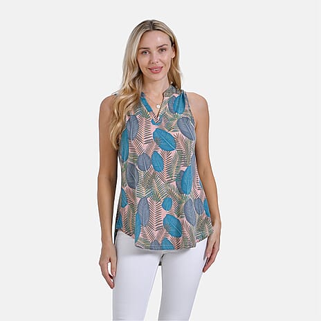New Arrival- - Maisi Tropical Leaf Pattern Sleeveless Blouse (Size S) - Pink - Blue