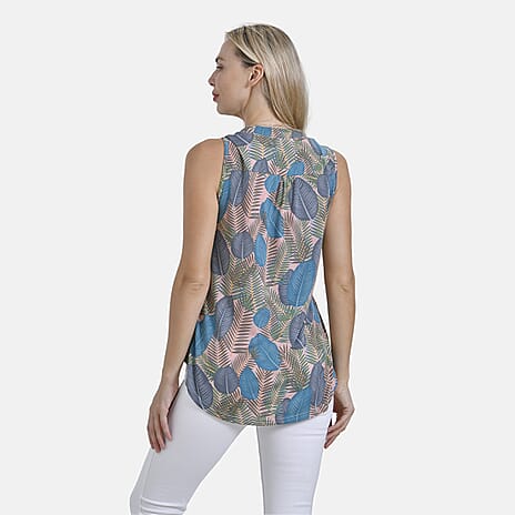 New Arrival- - Maisi Tropical Leaf Pattern Sleeveless Blouse (Size S) - Pink - Blue