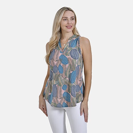 New Arrival- - Maisi Tropical Leaf Pattern Sleeveless Blouse (Size XL) - Pink - Blue