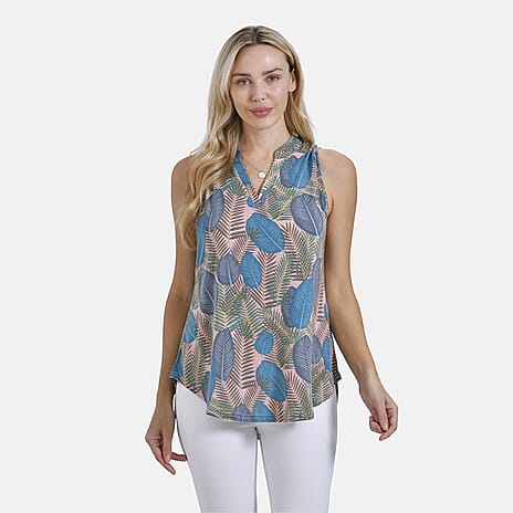 New Arrival- - Maisi Tropical Leaf Pattern Sleeveless Blouse (Size XL) - Pink - Blue