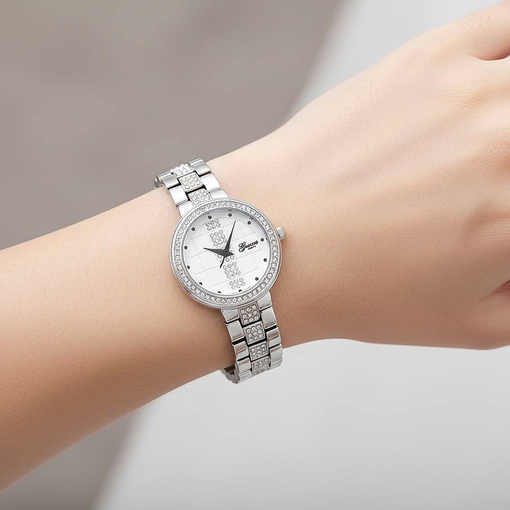 GENOA TIME V2 Miyota 2035 Japan Movement 3ATM Water Resistant White Crystal & Silver Dial Watch with Silver Colour Chain Strap