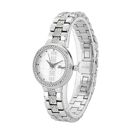 GENOA TIME V2 Miyota 2035 Japan Movement 3ATM Water Resistant White Crystal & Silver Hydraulic Dial Watch with Silver Colour Chain Strap