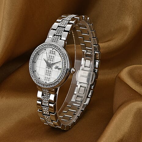 GENOA TIME V2 Miyota 2035 Japan Movement 3ATM Water Resistant White Crystal & Silver Hydraulic Dial Watch with Silver Colour Chain Strap