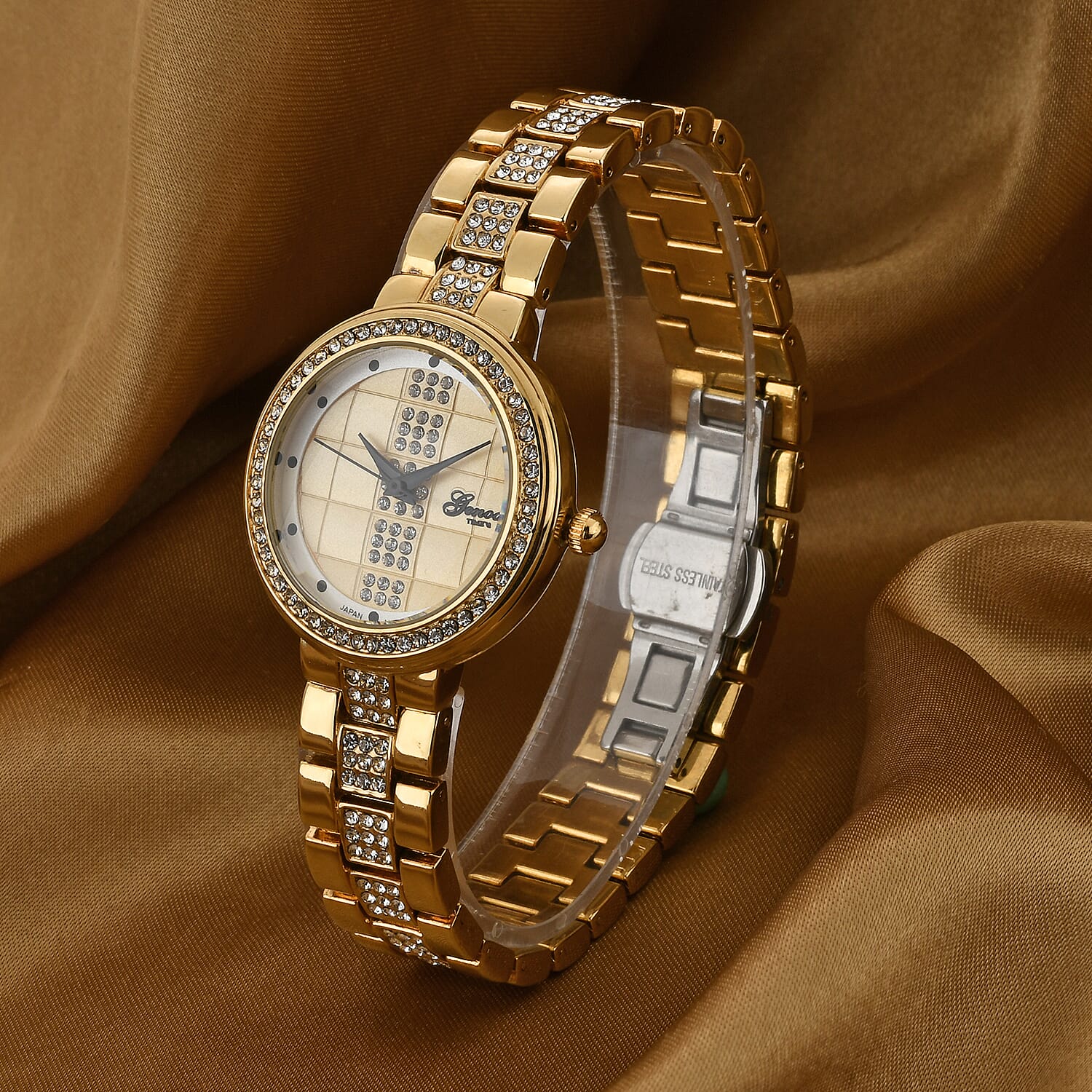 GENOA TIME V2 Miyota 2035 Japan Movement 3ATM Water Resistant White Crystal & Gold Dial Watch with Gold Colour Chain Strap