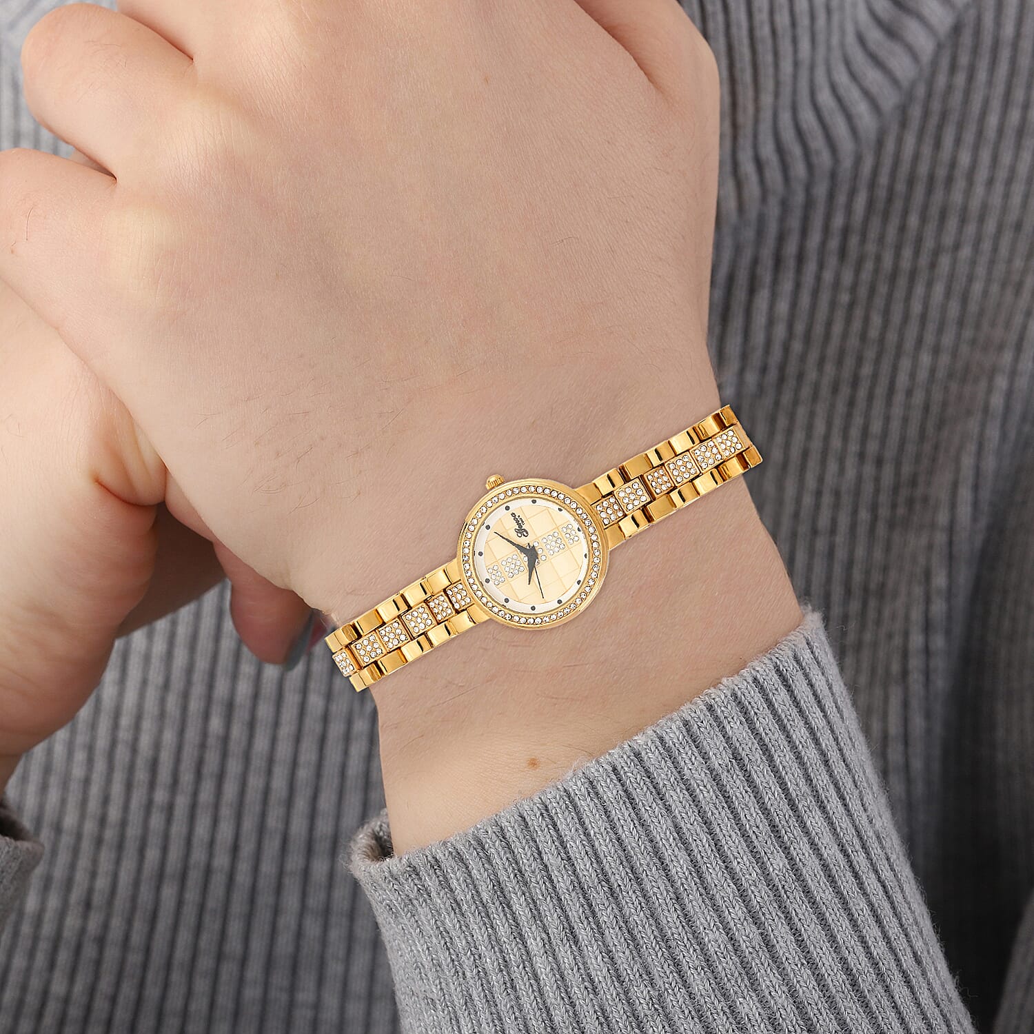 GENOA TIME V2 Miyota 2035 Japan Movement 3ATM Water Resistant White Crystal & Gold Dial Watch with Gold Colour Chain Strap