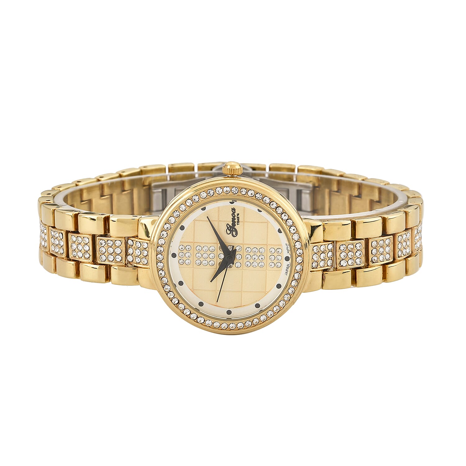 GENOA TIME V2 Miyota 2035 Japan Movement 3ATM Water Resistant White Crystal & Gold Dial Watch with Gold Colour Chain Strap