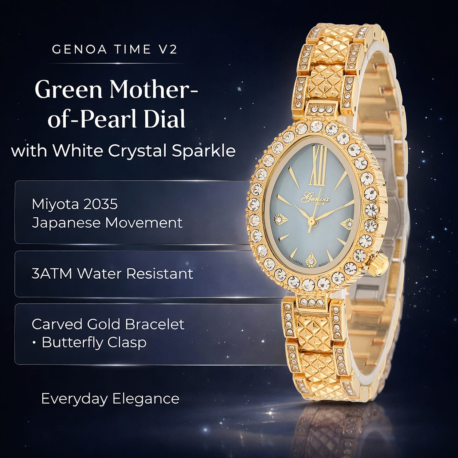 GENOA TIME V2 Miyota 2035 Japan Movement 3ATM Water Resistant White Crystal & Green MOP Dial Watch with Gold Colour Carving Strap