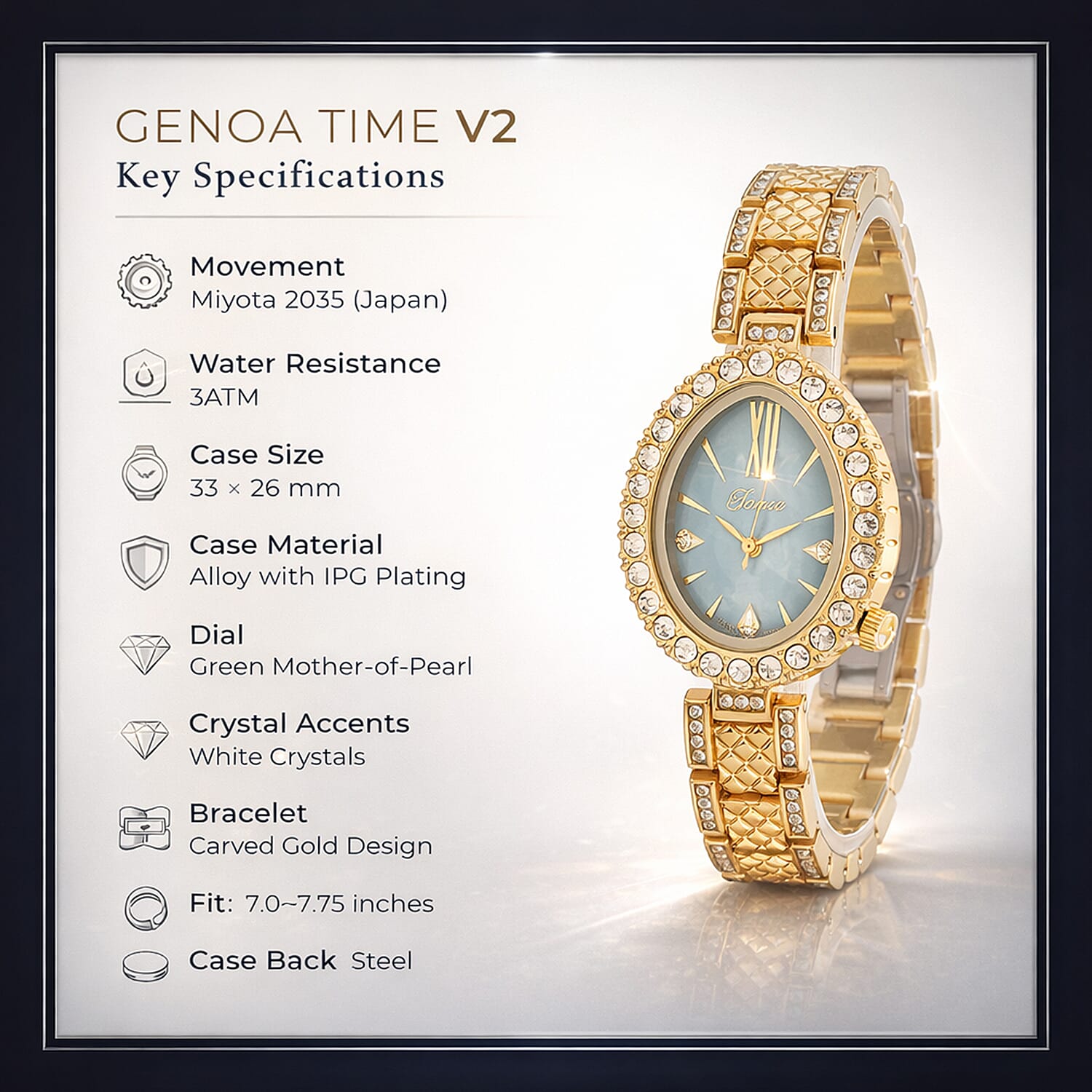 GENOA TIME V2 Miyota 2035 Japan Movement 3ATM Water Resistant White Crystal & Green MOP Dial Watch with Gold Colour Carving Strap