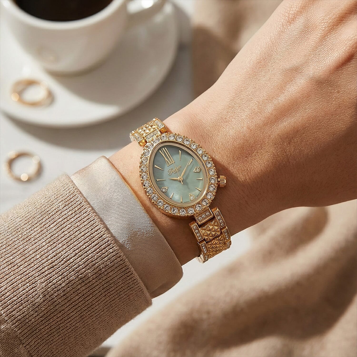 GENOA TIME V2 Miyota 2035 Japan Movement 3ATM Water Resistant White Crystal & Green MOP Dial Watch with Gold Colour Carving Strap