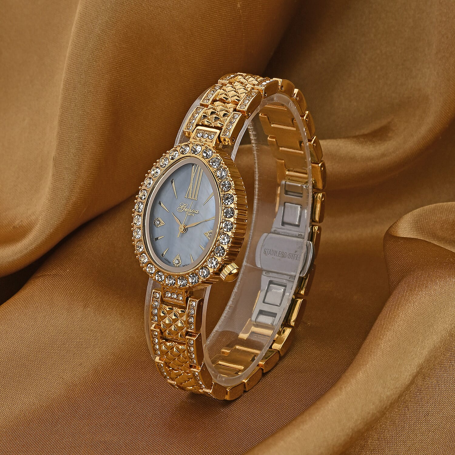 GENOA TIME V2 Miyota 2035 Japan Movement 3ATM Water Resistant White Crystal & Green MOP Dial Watch with Gold Colour Carving Strap