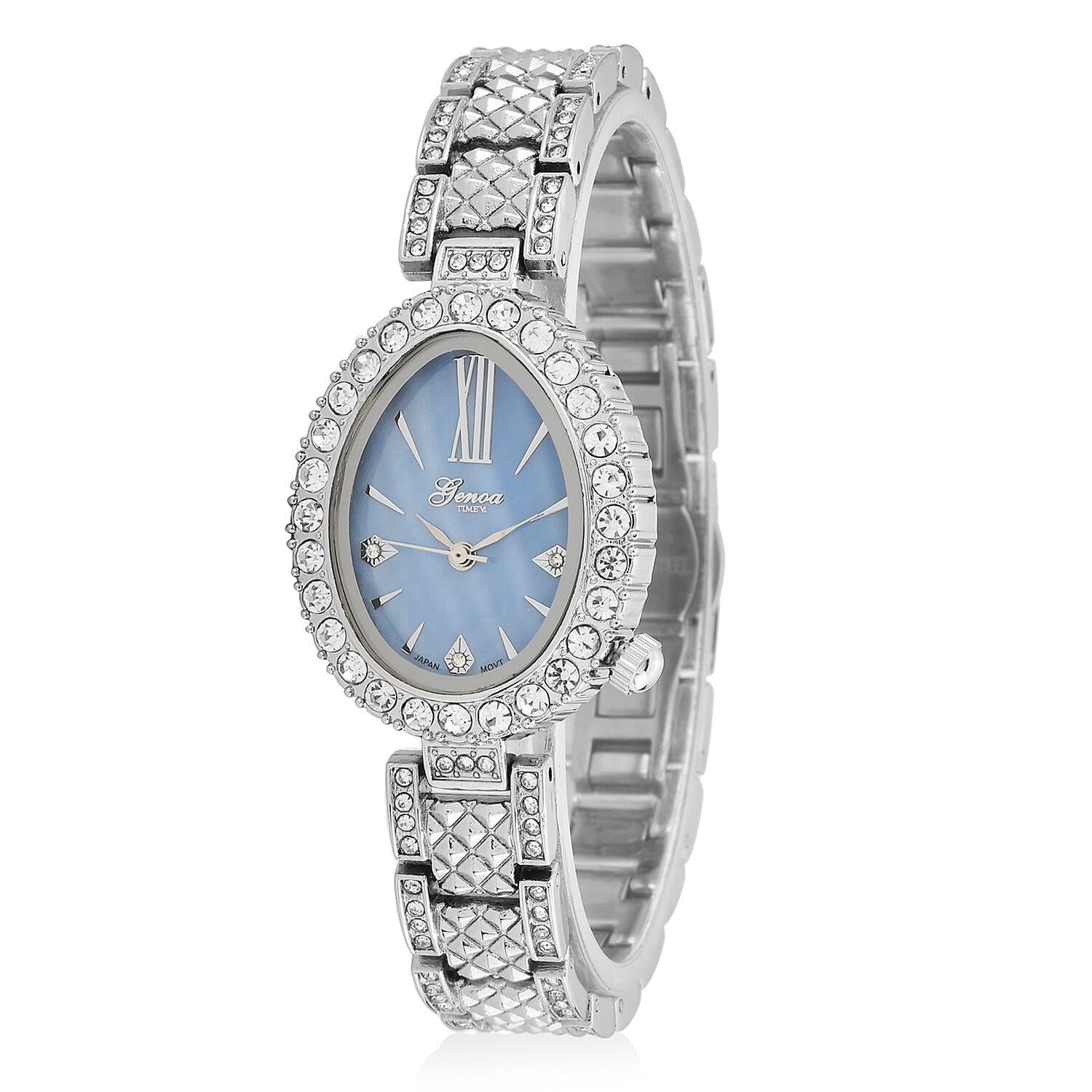 GENOA TIME V2 Miyota 2035 Japan Movement 3ATM Water Resistant White Crystal & Blue MOP Dial Watch with Silver Colour Carving Strap