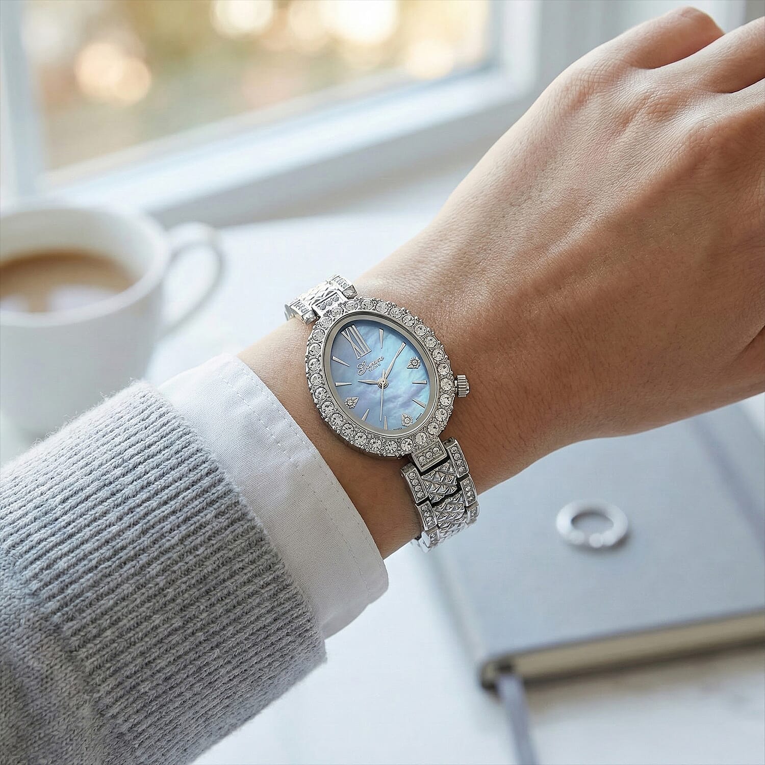 GENOA TIME V2 Miyota 2035 Japan Movement 3ATM Water Resistant White Crystal & Blue MOP Dial Watch with Silver Colour Carving Strap