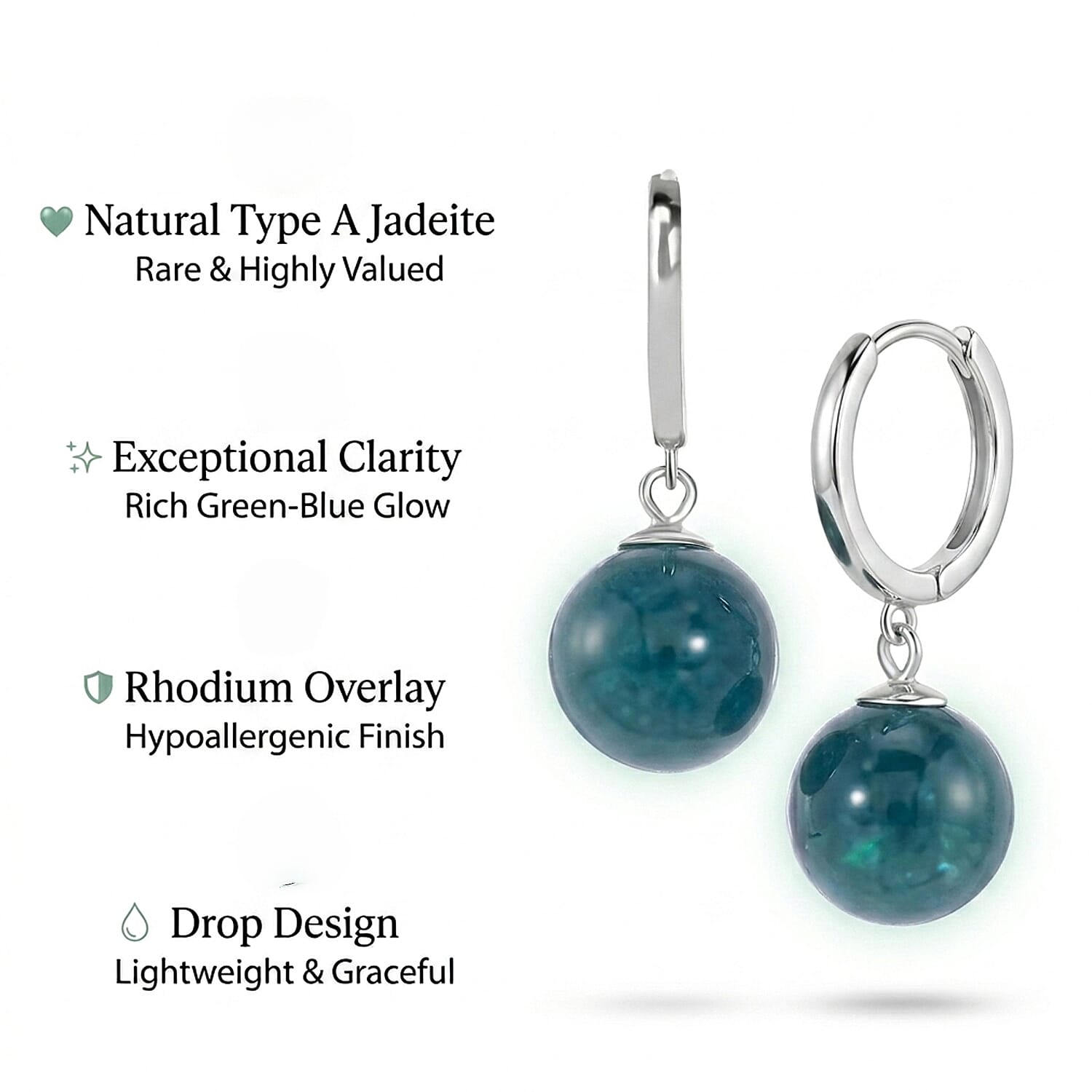 Natural Type A Olmec Jadeite Hoop Earrings in Rhodium Overlay Sterling Silver 30.00 Ct.