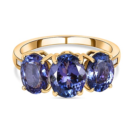 Chairman 14K Yellow Gold AAA Tanzanite and I2-G/H Diamond Trilogy Ring 4.69 Ct.