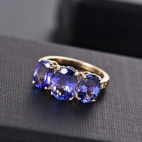 14K Yellow Gold AAA Tanzanite & I2-G-H Diamond Trilogy Ring 4.69 Ct.