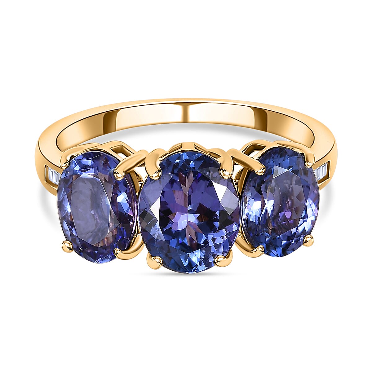 14K Yellow Gold AAA Tanzanite & I2-G-H Diamond Trilogy Ring 4.69 Ct. 14K Yellow Gold AAA Tanzanite & I2-G-H Diamond Trilogy Ring 4.69 Ct.