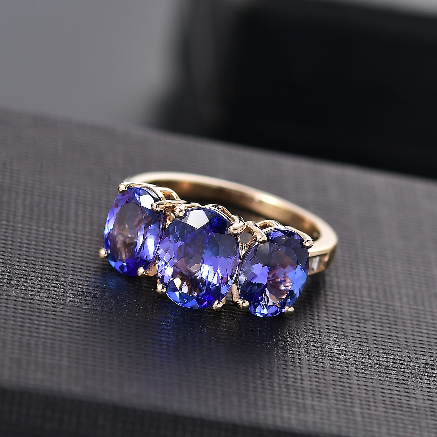 14K Yellow Gold AAA Tanzanite & I2-G-H Diamond Trilogy Ring 4.69 Ct. 14K Yellow Gold AAA Tanzanite & I2-G-H Diamond Trilogy Ring 4.69 Ct.