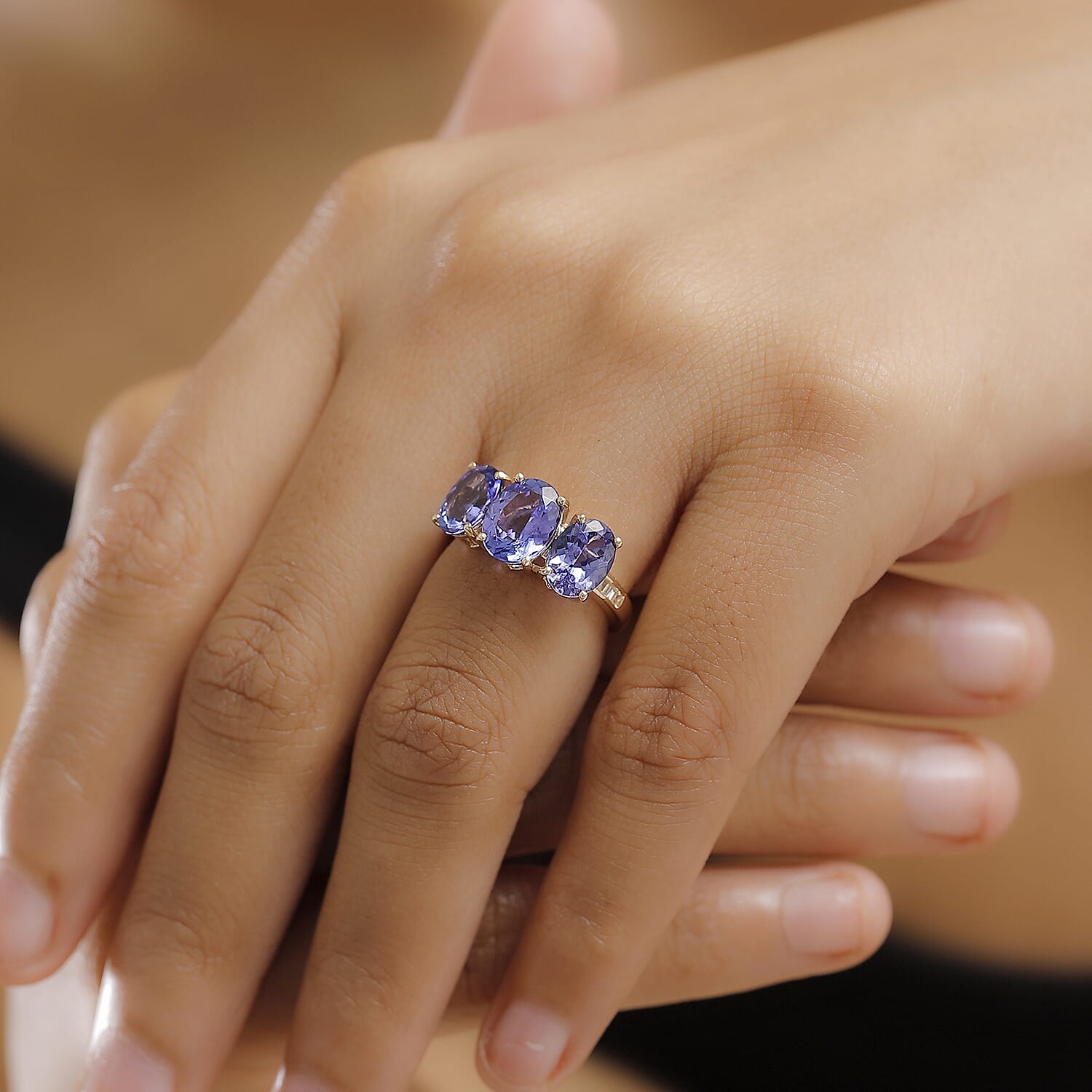 14K Yellow Gold AAA Tanzanite & I2-G-H Diamond Trilogy Ring 4.69 Ct. 14K Yellow Gold AAA Tanzanite & I2-G-H Diamond Trilogy Ring 4.69 Ct.