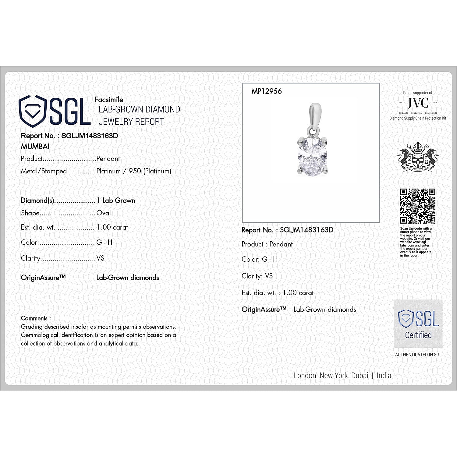 Luxuriant Diamond 950 Platinum Lab Grown Diamond SGL Certified GH, VS Pendant 1.00 Ct