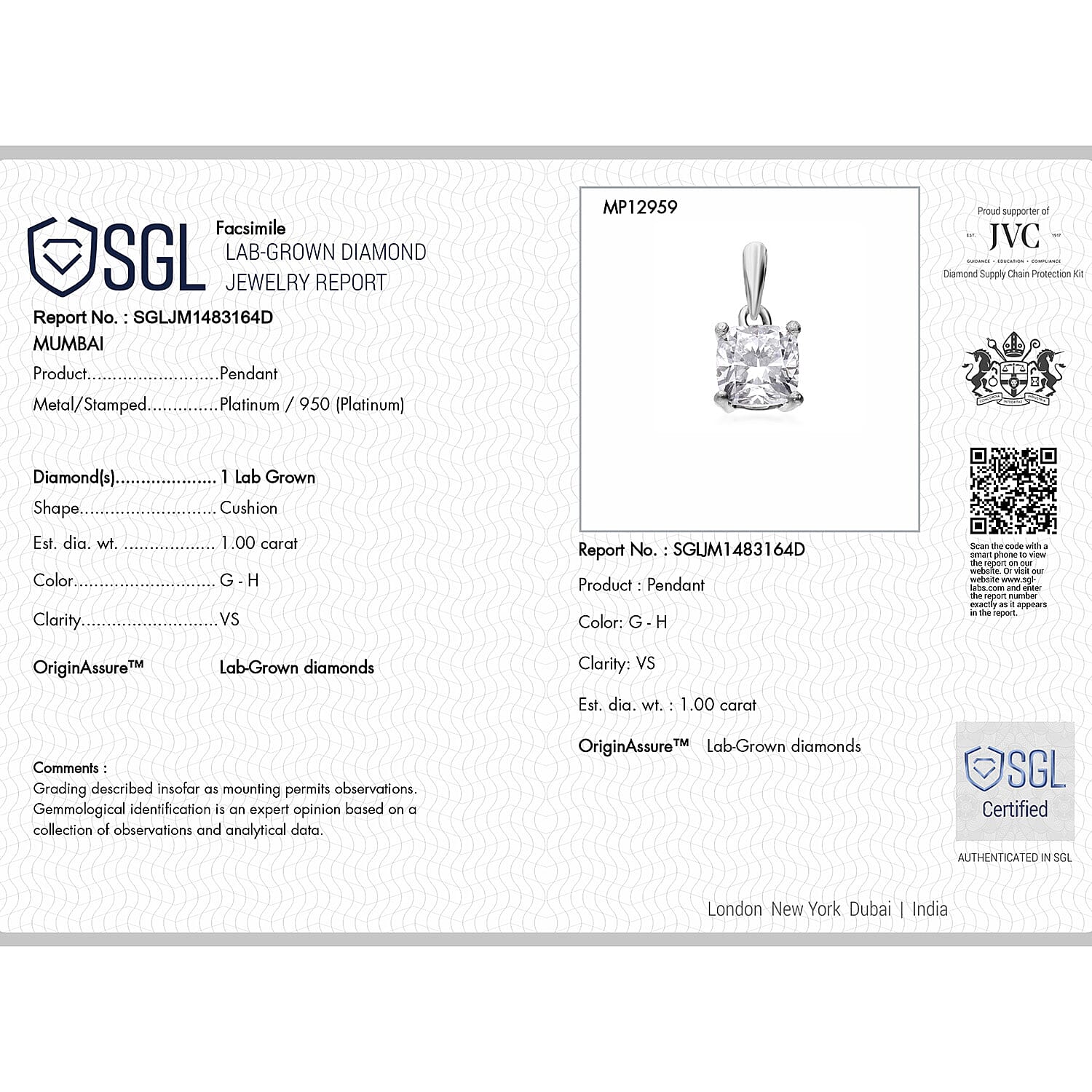 Luxuriant Diamond 950 Platinum Lab Grown Diamond SGL Certified GH, VS Pendant 1.00 Ct