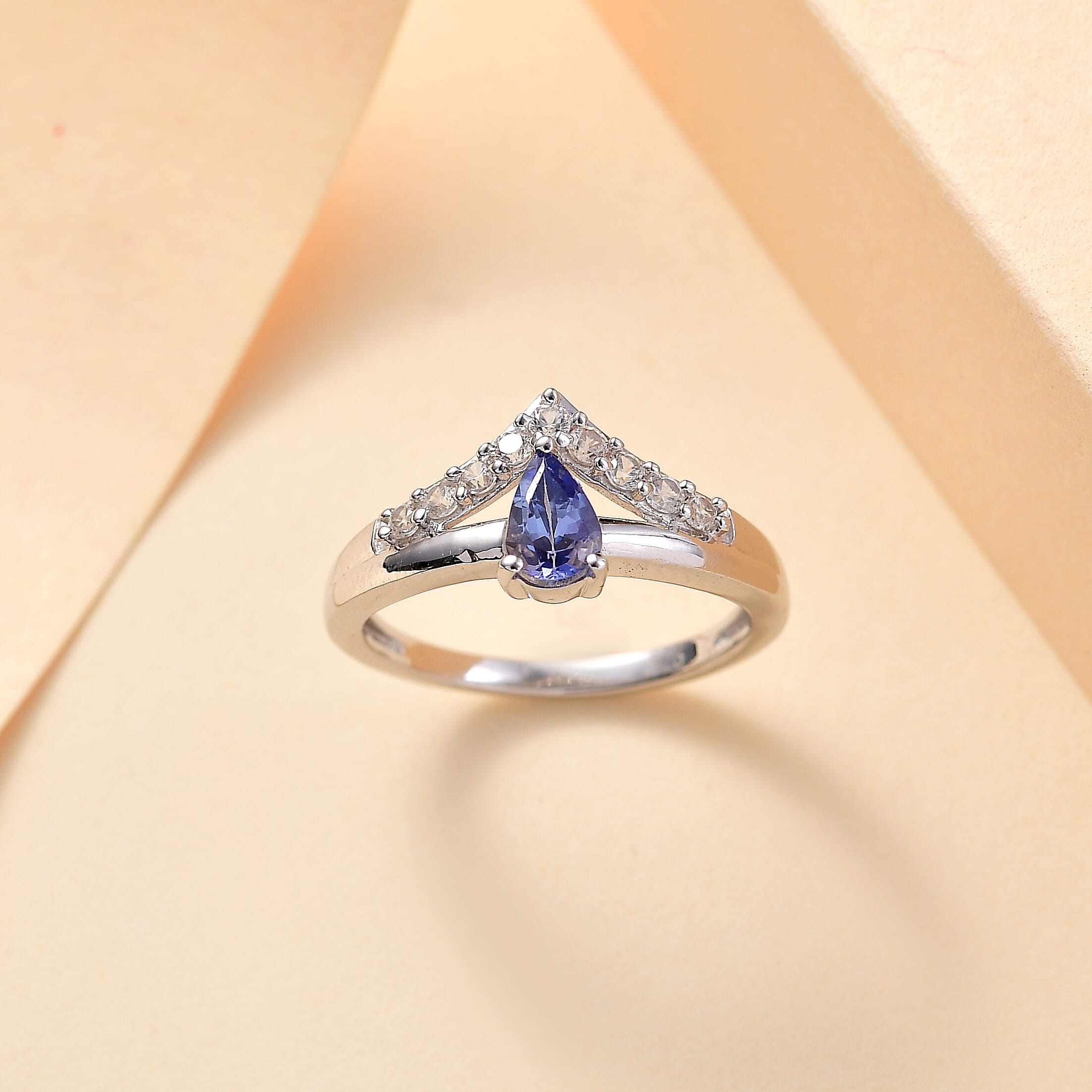 Tanzanite, White Zircon Wishbine Drop Ring in Overlay Rhodium Overlay Sterling Silver