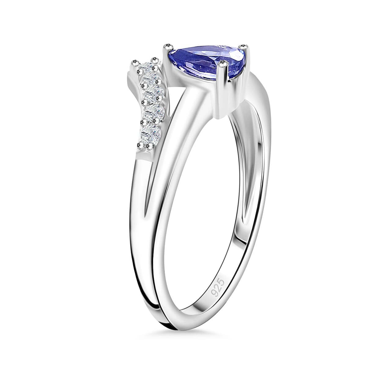 Tanzanite, White Zircon Wishbine Drop Ring in Overlay Rhodium Overlay Sterling Silver