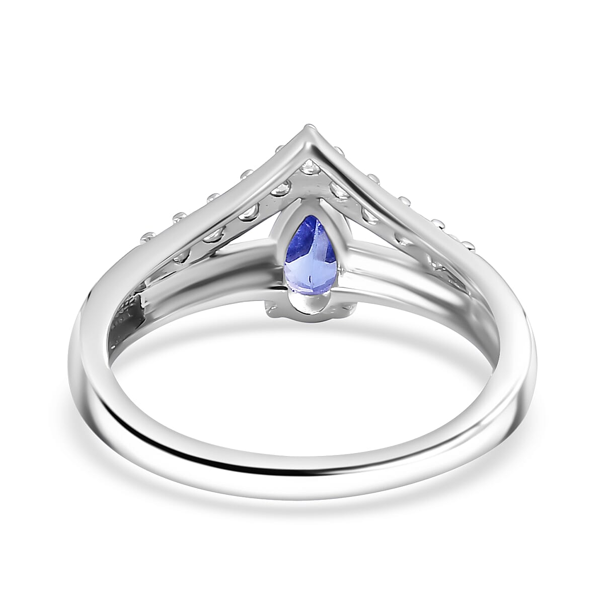 Tanzanite, White Zircon Wishbine Drop Ring in Overlay Rhodium Overlay Sterling Silver